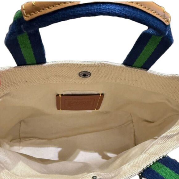 Coach 1941 Canvas Tote Bag Khaki Tan with Green Navy Strap Logo Patch Crossbody - Picture 4 of 4
